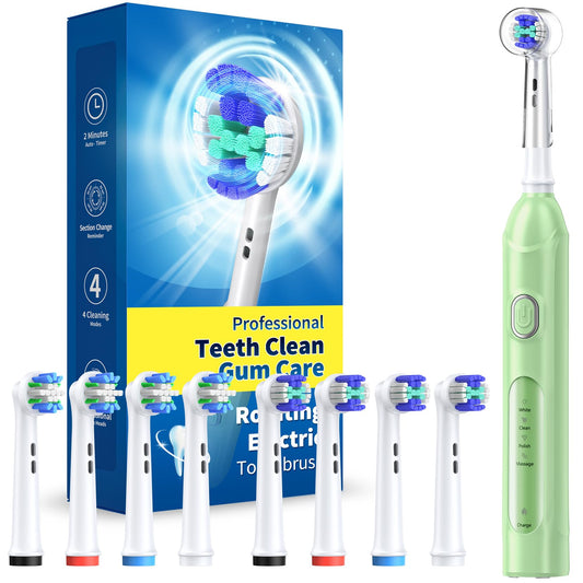 TEETHEORY Rotating Electric Toothbrush for Adults with 8 Brush Heads (2 Types), 4 Modes Deep Clean Electric Toothbrush with Rechargeable Power and 2 Min Smart Timer (6-Green, p1)