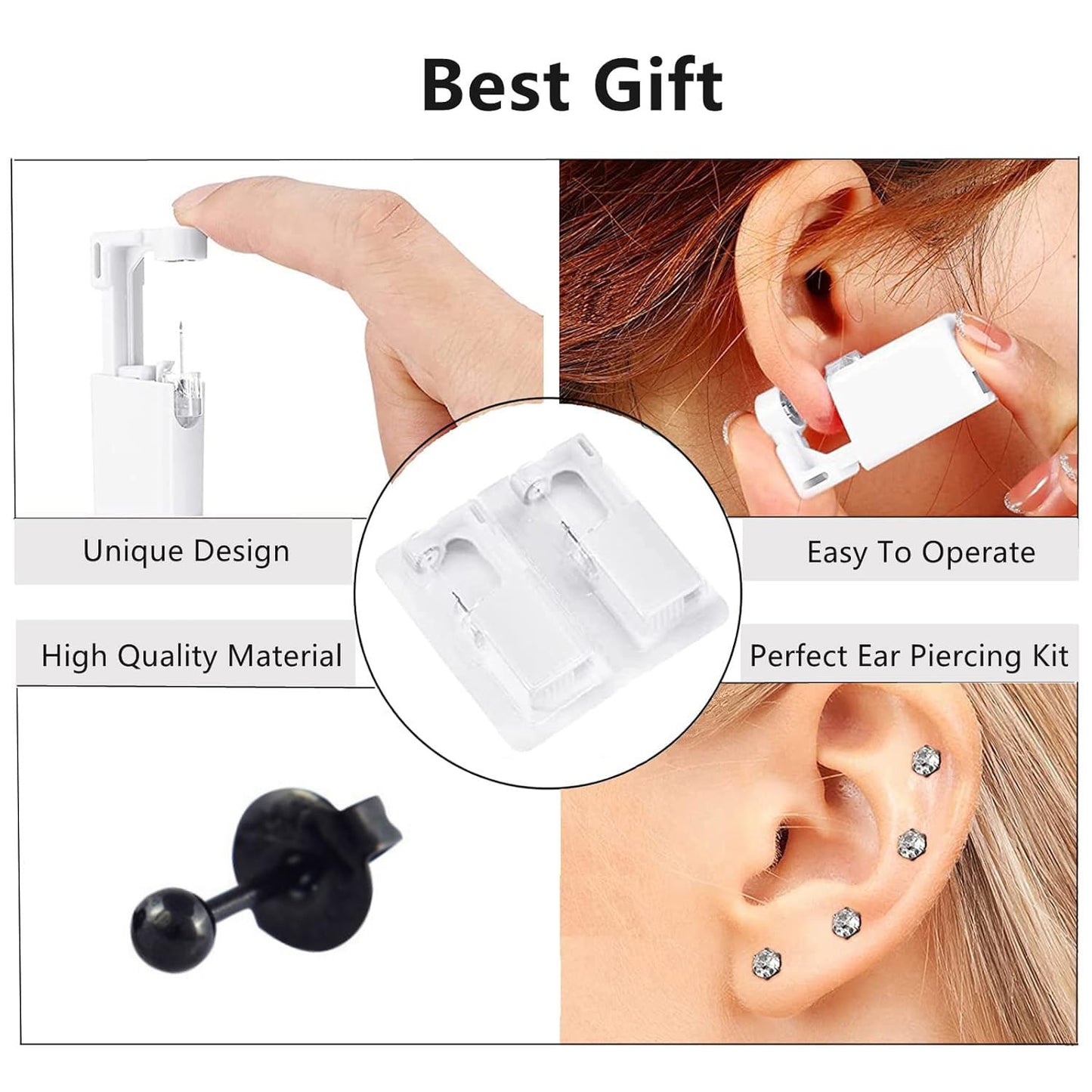 2 Pack Ear Piercing Kit, 3mm Silver Ear Piercing Kit Gun, Ear Piercing Tool, Comes with a Pair of Dart Shaped Replaceable Earrings (Black)