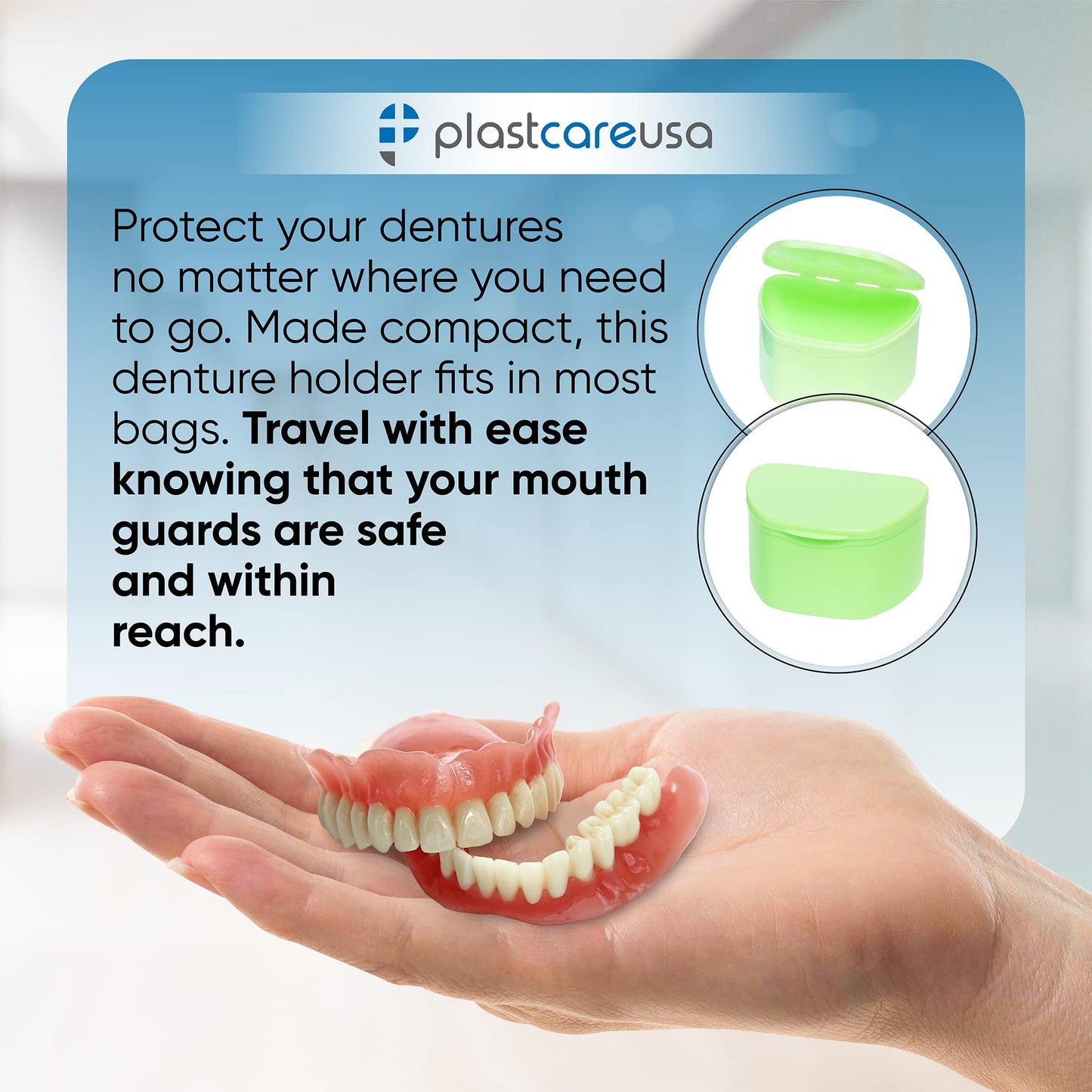PlastCare USA Green Denture Cases Pack of 5 - Dental Box For Artificial Teeth, Mouth Guard, Night Guard, Gum Shields, Retainer - Denture Bath Container for Women and Men - Travel Denture Cup