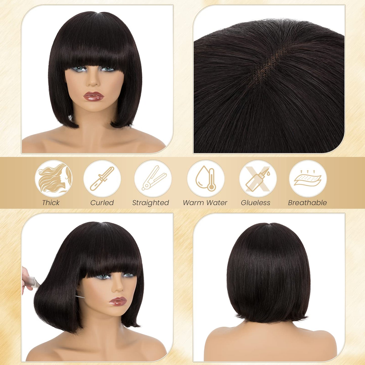 TESSHAIR 10 Inch Light YAKI Short Bob Wig Human Hair with Bangs, Black Blunt Cut Bob Wig Straight Glueless Headband Wigs for Women, Realistic Large Lace Scalp 180% Density 100% Human Hair