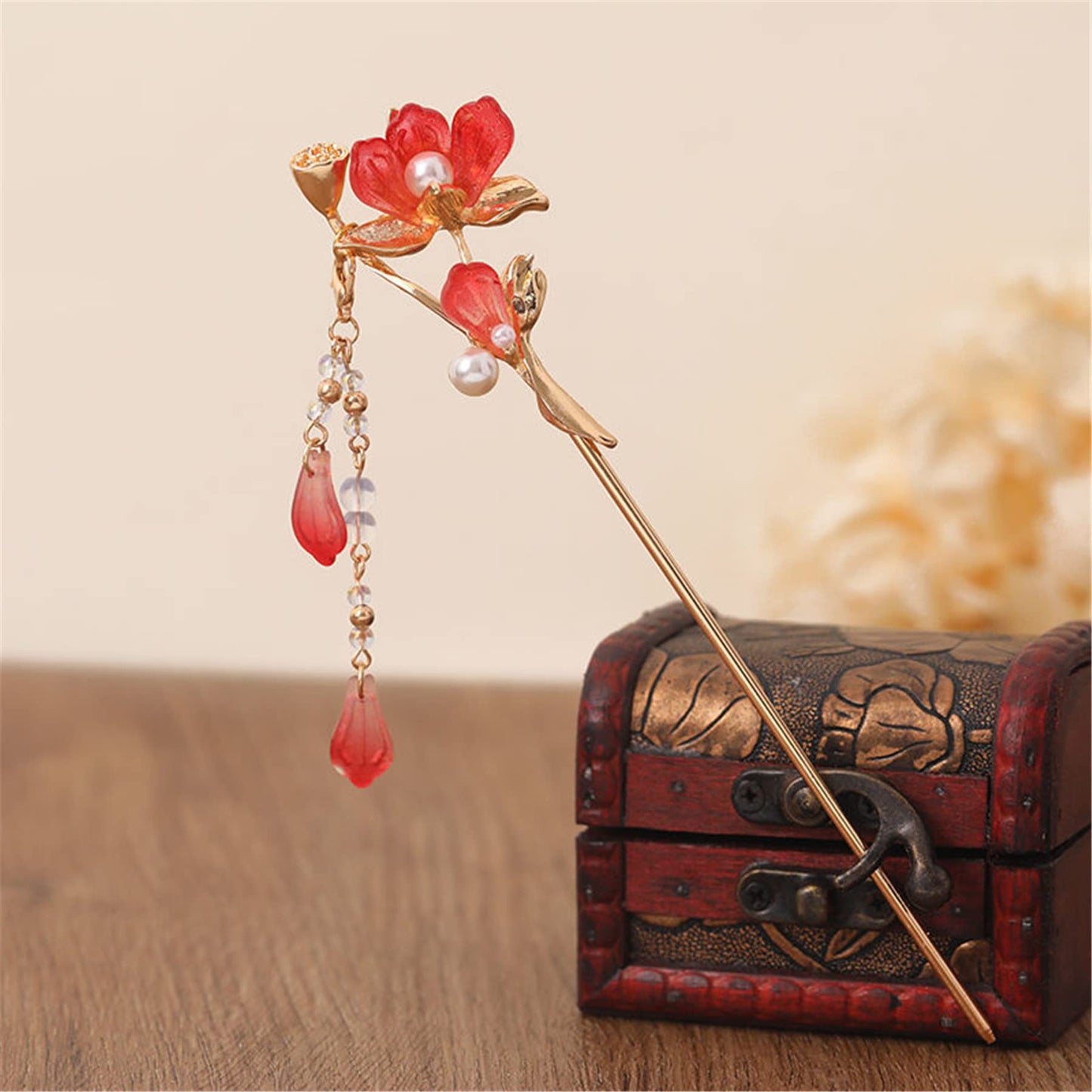 2PCS Chinese Traditional Flower Hair Sticks Vintage Pearl Metal Hairpin Handmade Hair Chopsticks Hair Styling Chignon Pins for Women Girls-Red&Green 010