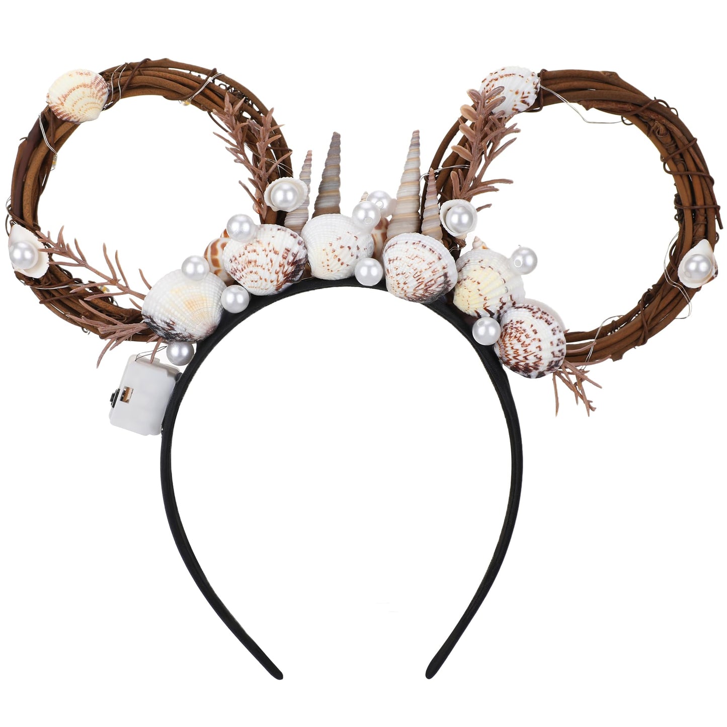 VISSTREE Shell Mouse Ear Crown - LED Light Up Ocean Shell Mermaid Style Mouse Ear Headband for Women Girls Park Party Birthday Celebration Halloween Festival Cosplay Costume Props