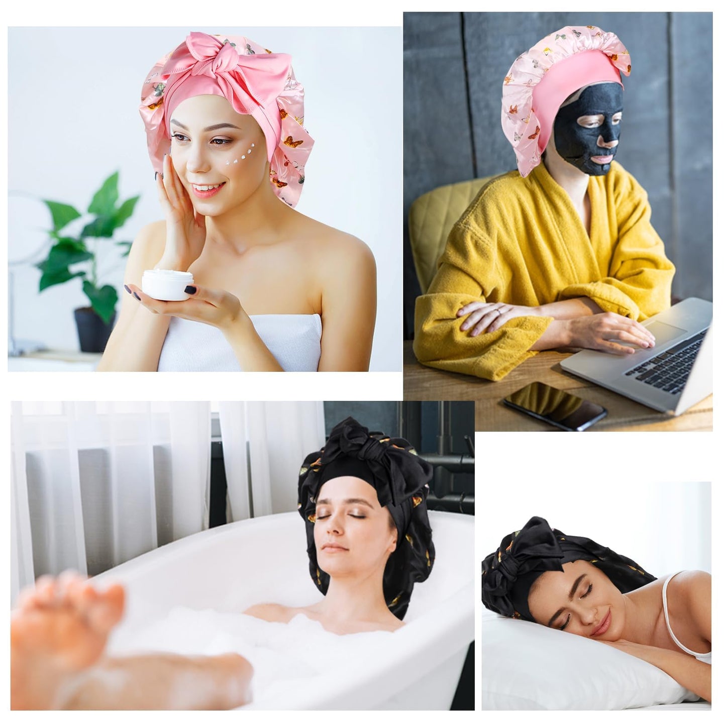 Arqumi Pack of 2 Satin Sleeping Bonnet, Large Satin Sleep Bonnet, Long Strap, Adjustable Sleep Cap Hair Bonnet with Butterfly Pattern, Black+Pink