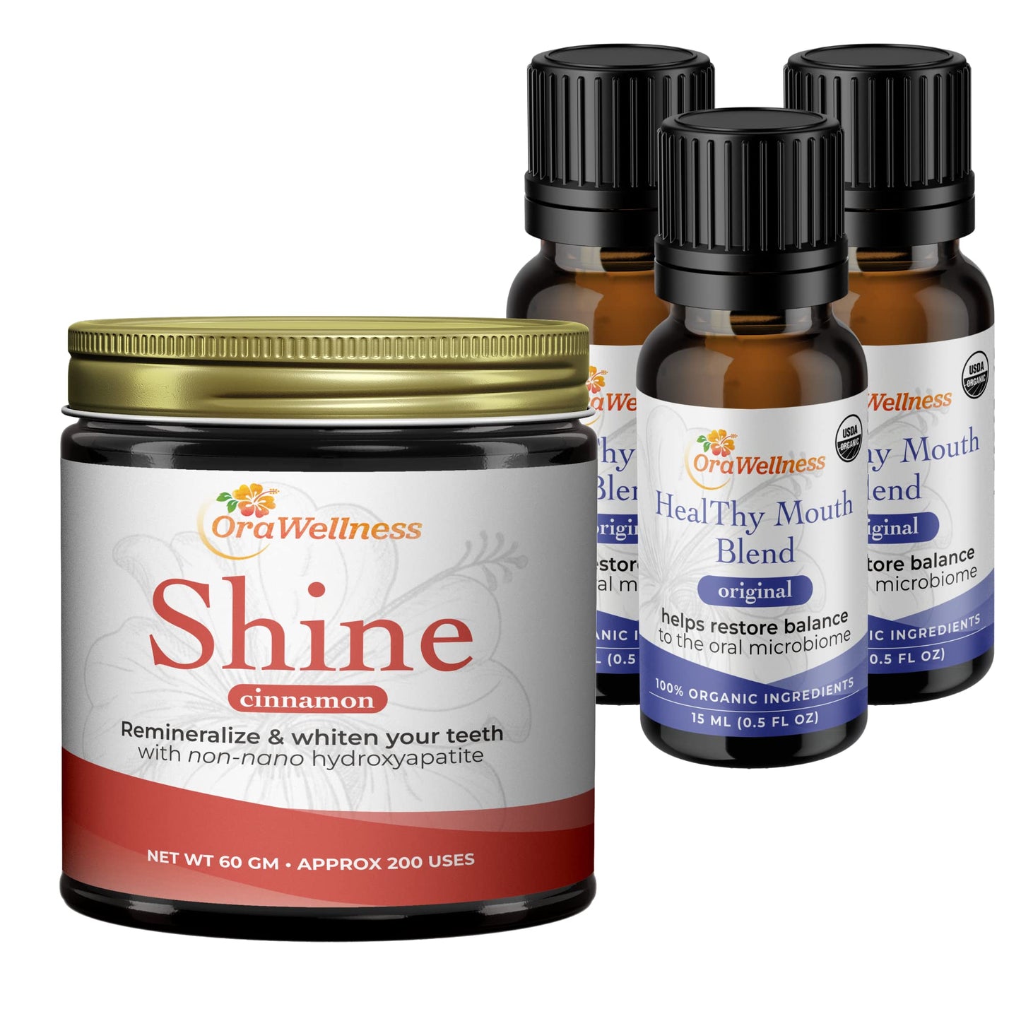 OraWellness Shine Remineralizing Natural Teeth Whitening Powder in Cinnamon + Pack of 3 Healthy Mouth Blend Organic Toothpaste & Mouthwash Alternative Tooth Oil