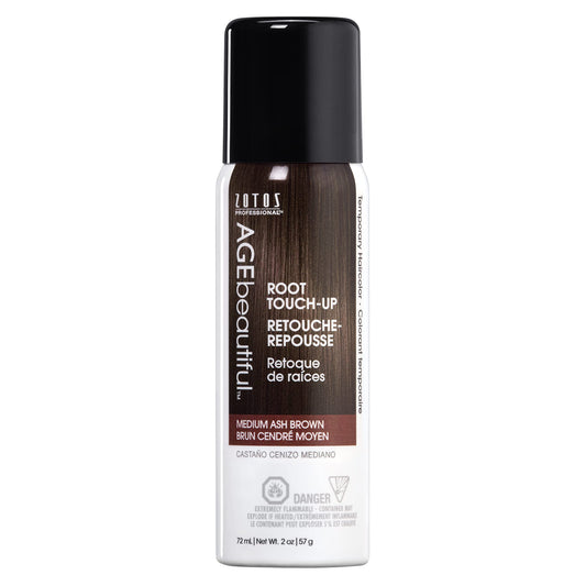 AGE beautiful Root Touch Up Hair Color Spray | Touch-Up Gray Concealer | Temporary Cover Up | Adds Volume & Covers Thinning Patches | Water, Sweat, Stain Resistant | Medium Ash Brown | 2 Fl Oz