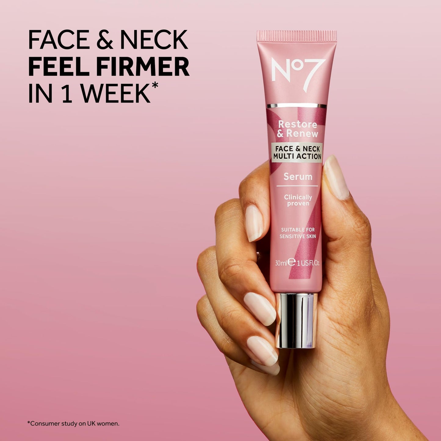 No7 Restore & Renew Multi-Action Face & Neck Serum - Anti Aging Serum for Deep Wrinkle Repair - Collagen Infused Face Serum with a Hydrating Blend of Hibiscus Peptides & Hyaluronic Acid (2.5 Fl Oz)