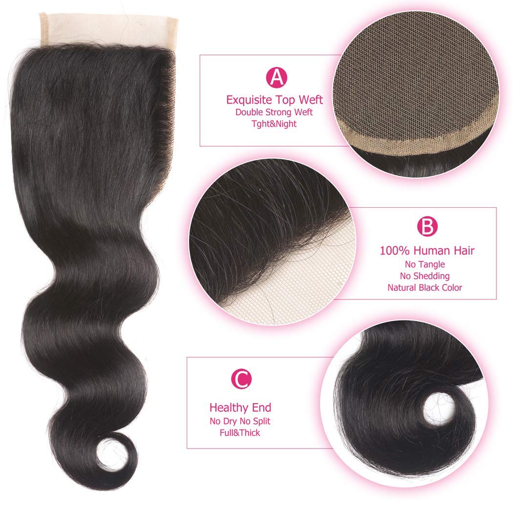 Odir Body Wave Human Hair Bundles with Closure 16 18 20+14 Inch Unprocessed 10A Brazilian Body Wave Virgin 3 Bundles with 4x4 Lace Clsoure Natural Color