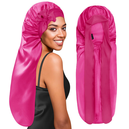BONNET QUEEN Braid Bonnet Silk Bonnet Foldable Extra Long Bonnet for Braids Satin Bonnet for Sleeping Hair Bonnet with Tie Band Long Sleep Cap Hot Pink
