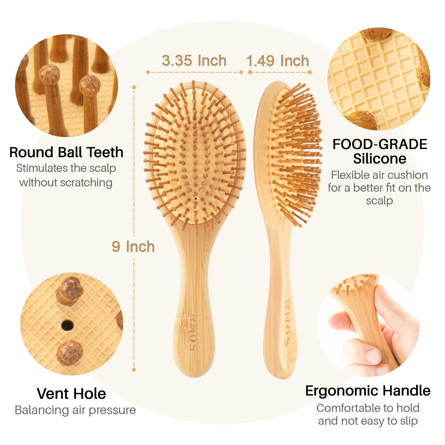 RHOS Wooden Hair Brush for Women and Men, Bamboo Bristles, Oblong, Promotes Hair Growth, Reduces Static Electricity, Suitable for All Hair Types, 9.72 Inch X 3.35 Inch X 1.49 Inch, Hair Brush