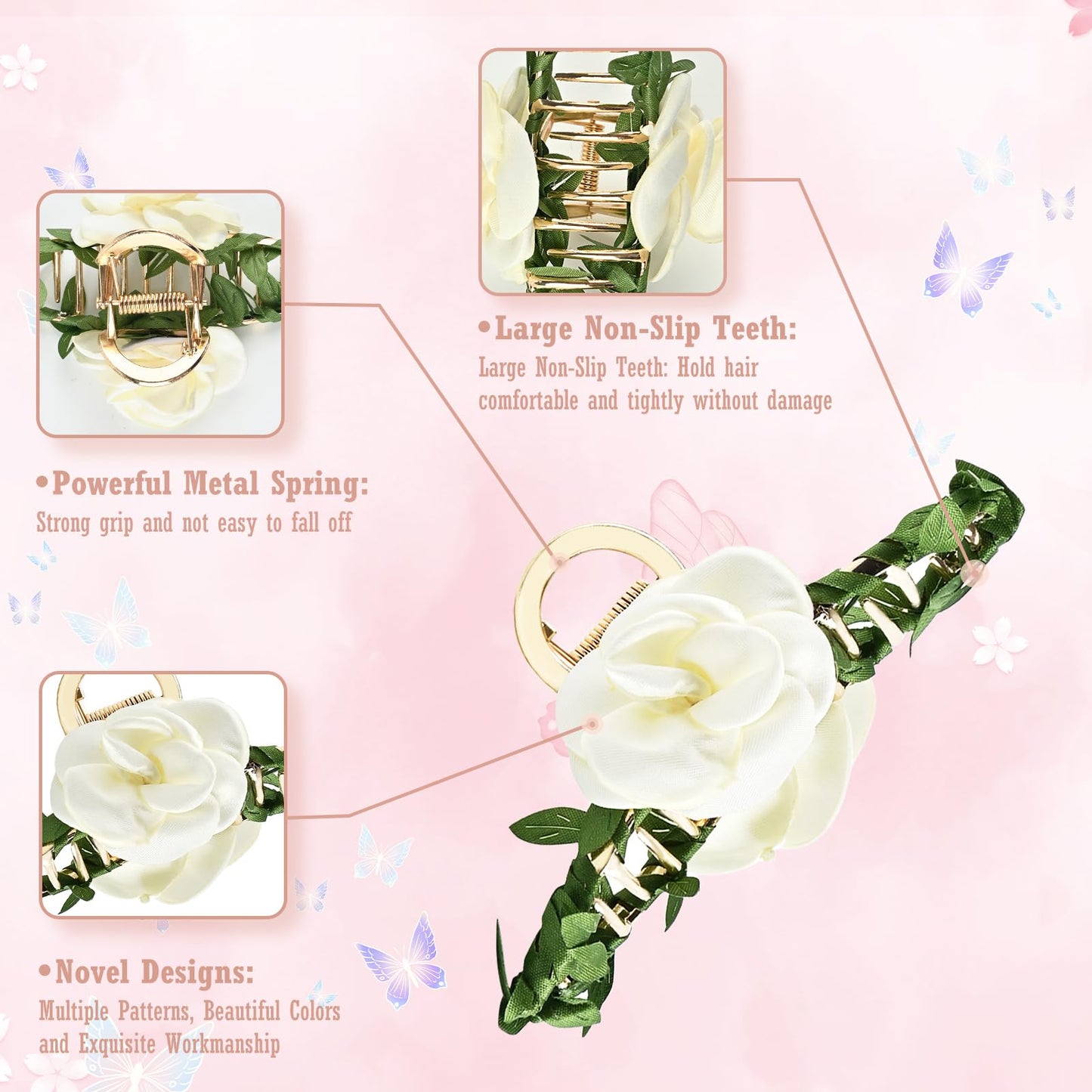 Yonchic 2-Piece Multiple Shapes Metal Hair Clips, Camellia Flower Hair Claws for Thin/Medium Thick Hair, Elegant Rose Barrettes Strong Hold Hair Clamps Non Slip Cute Fabric Hair Accessories