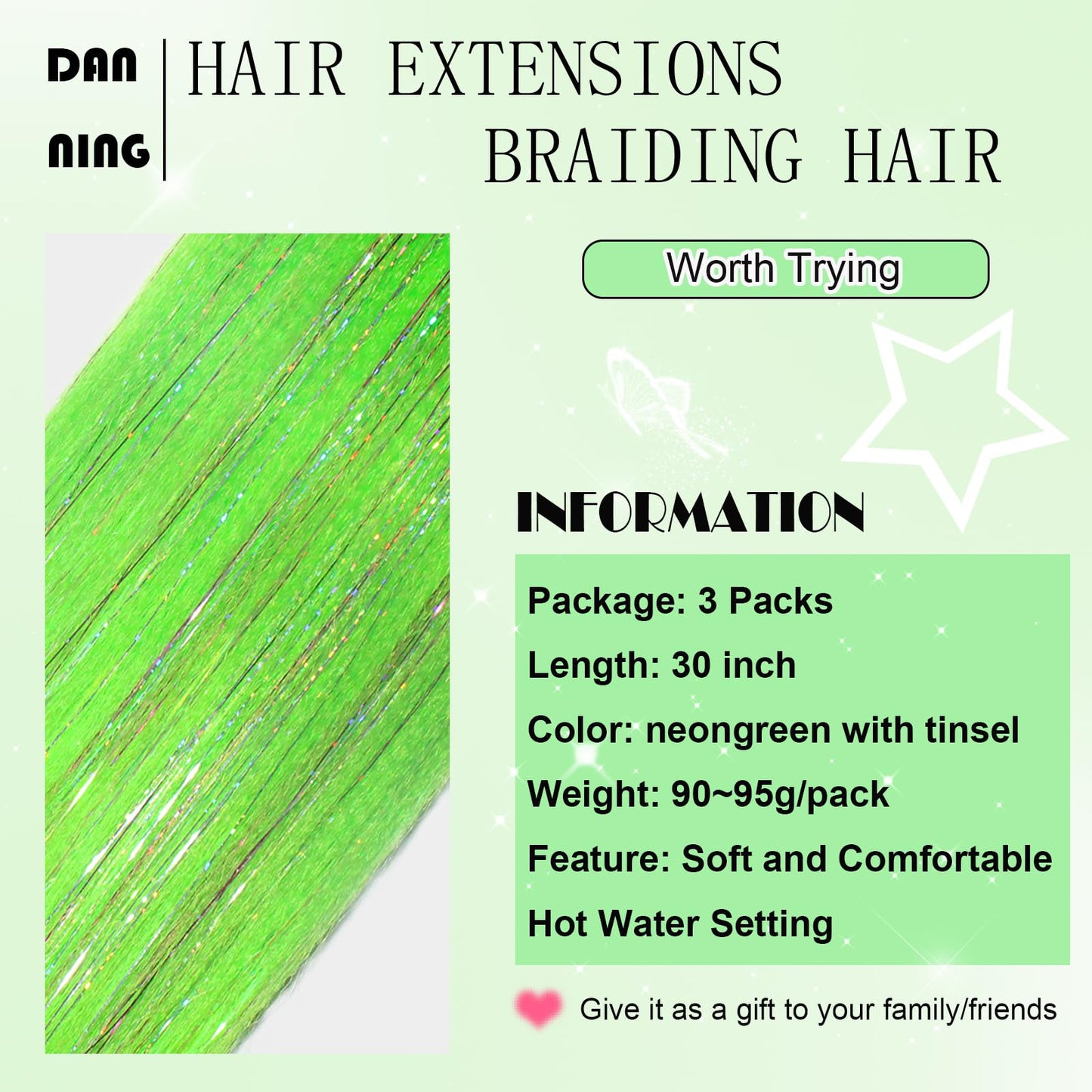 Neon Green Pre Stretched Braiding Hair With Tinsel Glitter 30 Inch Box Braid Hair Extensions Shinny 3 Packs Yaki Texture Pre Feathered Festival Braids Hair
