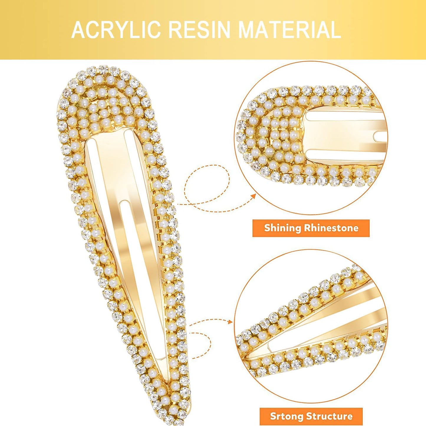 4Pcs Rhinestone Snap Hair Clips, Water Drop Crystal Snap Hair Barrettes, Glitter Shining Metal Snap Hair Clips, Glittering Hairpins Headwear Hair Accessories for Girls Women