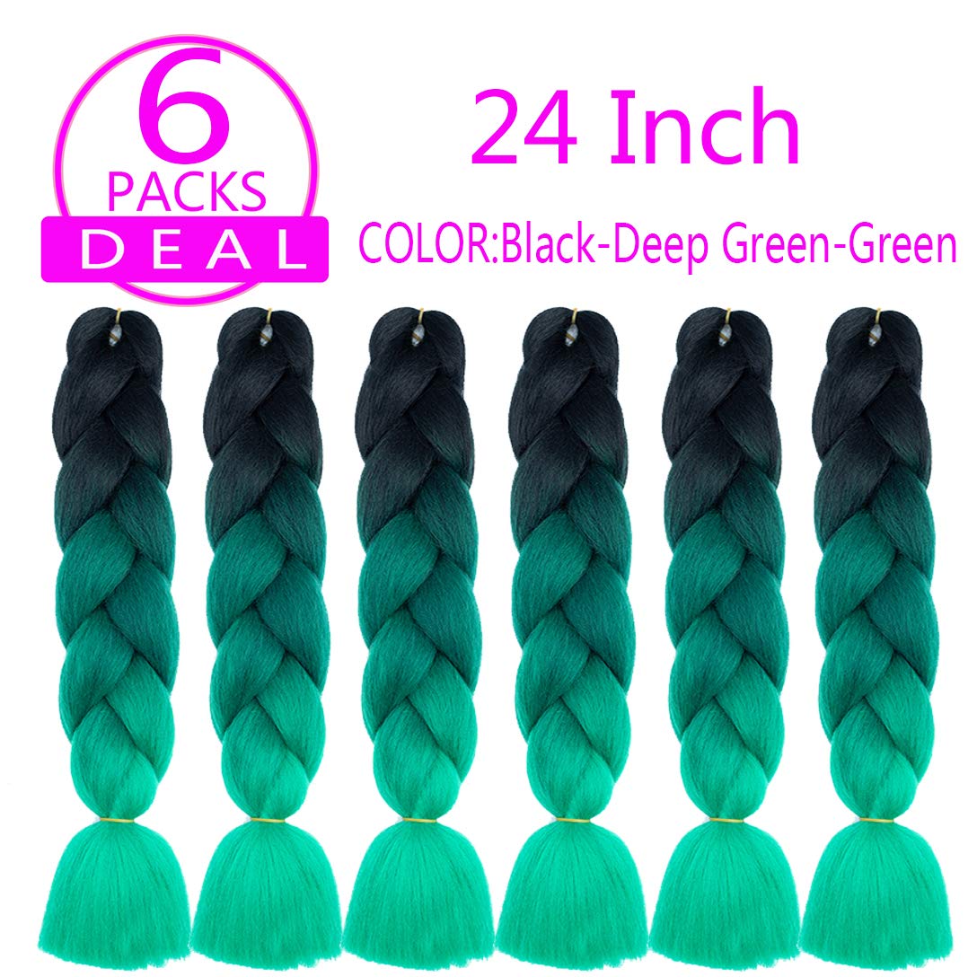 Braiding Hair Extensions 24 Inch Braiding Hair for Women Synthetic Ombre Jumbo Hair Extension for Crochet Braids Hair Hot Water Setting (24 Inch, Ombre Black to Deep green to Green)