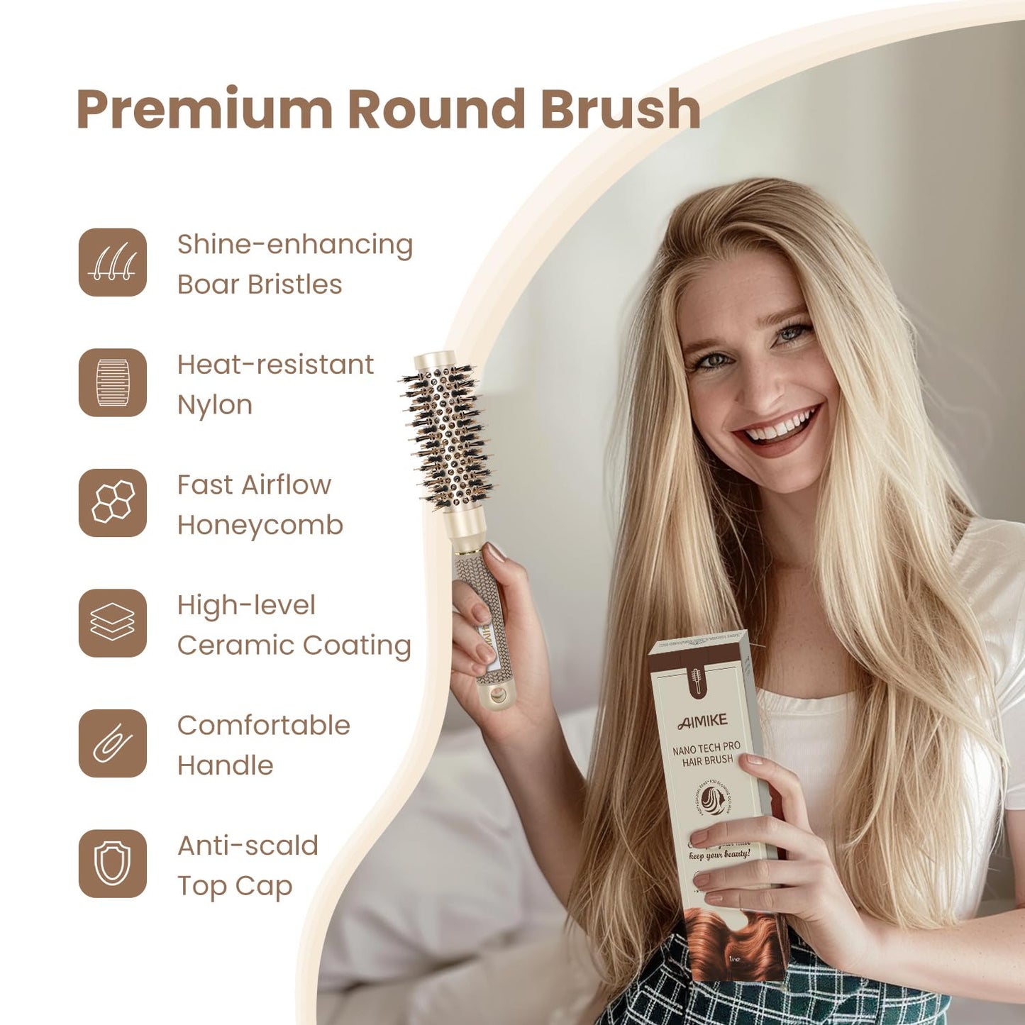 AIMIKE Round Hair Brush, 1 inch Barrel with Boar Bristles, Nano Thermal Ceramic & Ionic Tech, for Blow Drying, Styling, Curling and Shine + 4 Clips (Gold, Unisex, Fine Hair, Short Hair, Anti-Frizz)