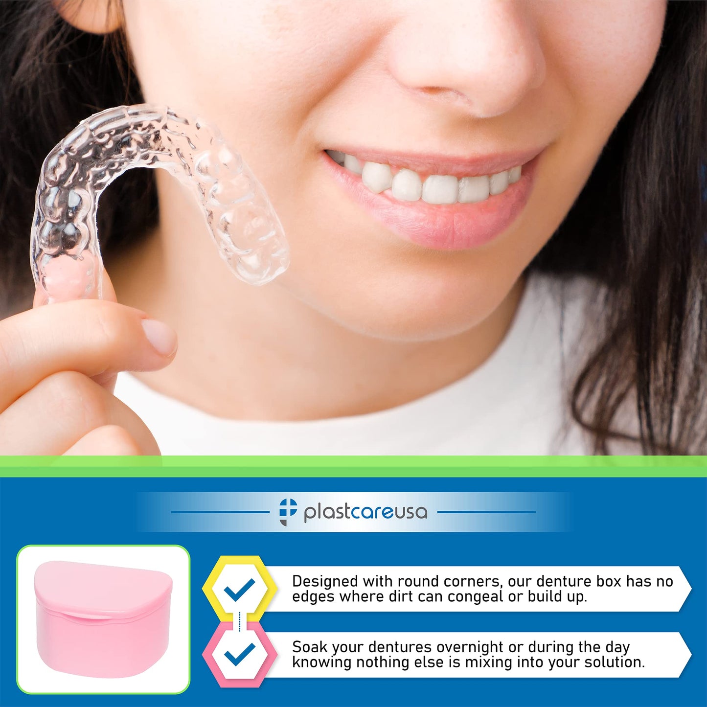 PlastCare USA Green Denture Cases Pack of 5 - Dental Box For Artificial Teeth, Mouth Guard, Night Guard, Gum Shields, Retainer - Denture Bath Container for Women and Men - Travel Denture Cup