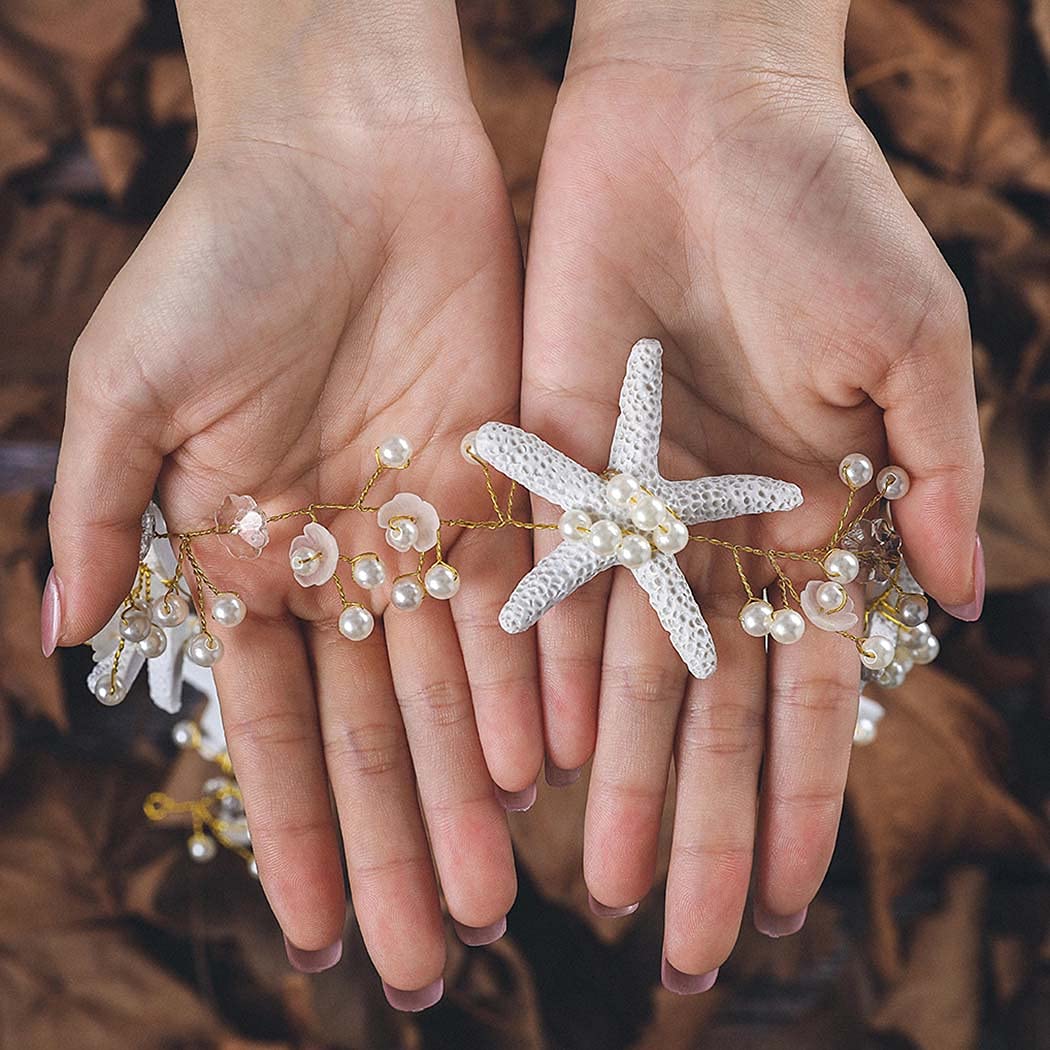Unicra Starfish Bride Wedding Hair Vine Pearl Bridal Headband Headpiece Beach Wedding Hair Accessories for Women and Girls (Gold)