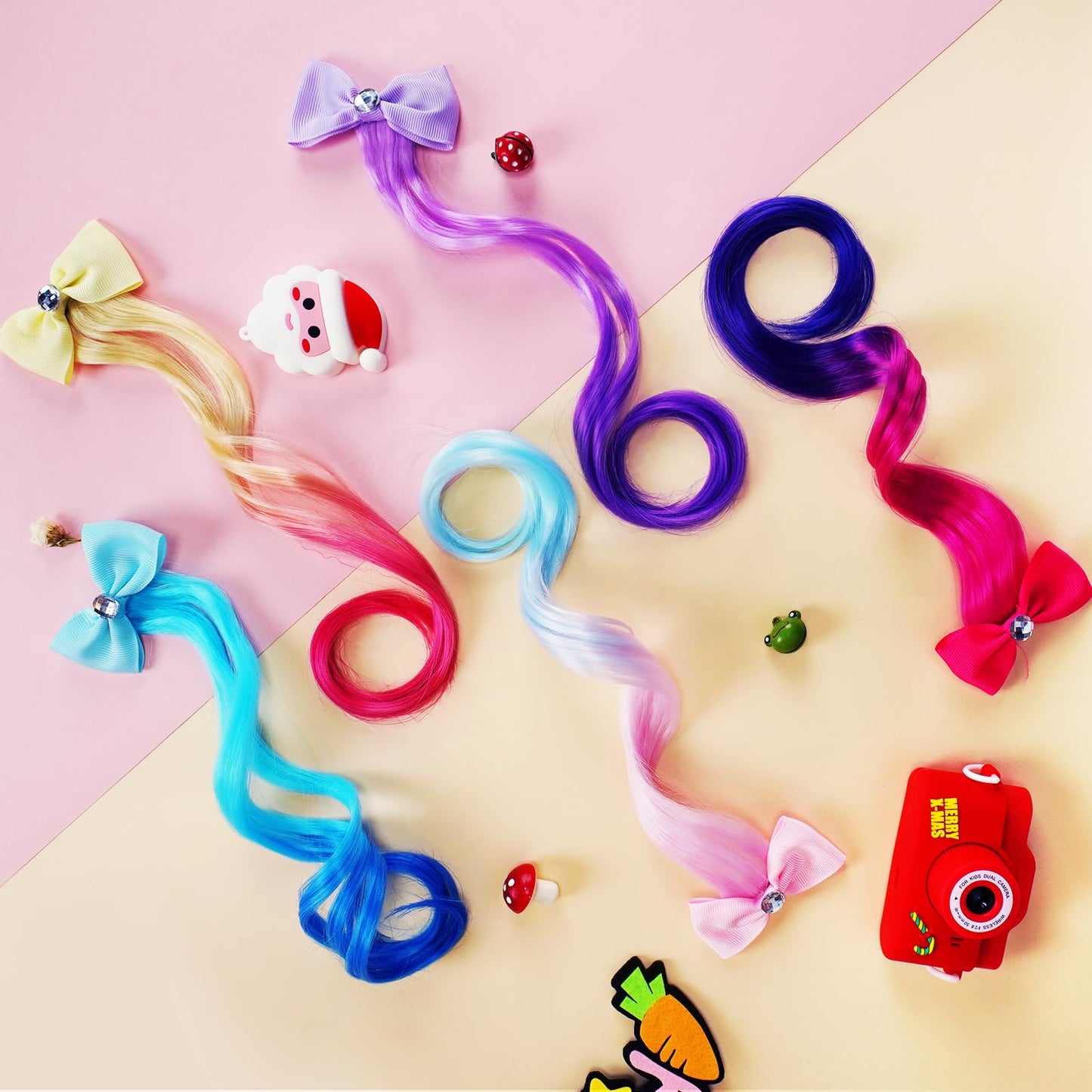 SOFEIYAN 5 Pcs Colored Hair Clips for Girls 11.8 in Wavy Curly Hair Extensions Cute Rainbow Hair Bows Princess Dress Up Hair Accessories for Kids Toddler Birthday Gifts