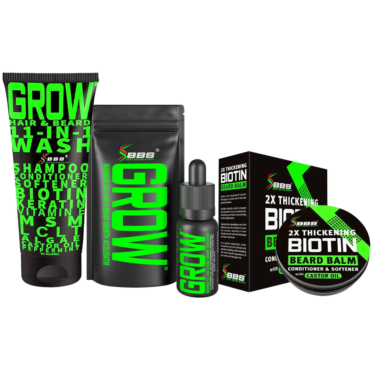 Beard Growth Kit w/ 2X Biotin Beard Balm for Men + GROW Hair & Beard Shampoo (11-in-1 Biotin Shampoo for Men) + GROW Beard Growth Oil for Men BBS USA