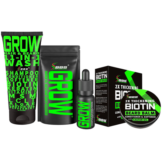 Beard Growth Kit w/ 2X Biotin Beard Balm for Men + GROW Hair & Beard Shampoo (11-in-1 Biotin Shampoo for Men) + GROW Beard Growth Oil for Men BBS USA