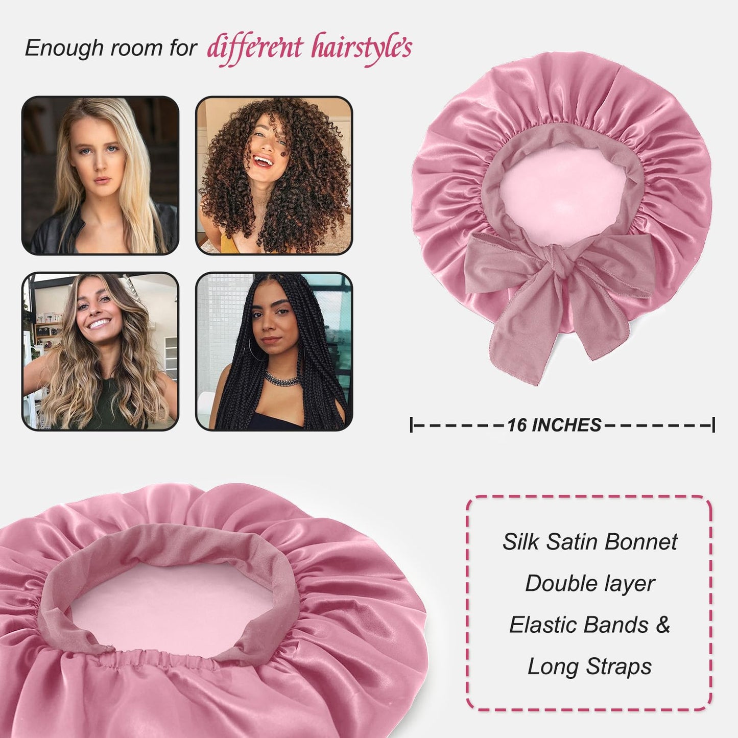 Satin Silk Bonnet Hair Bonnet for Sleeping Jumbo Sleep Cap, Bonnet for Women Curly Hair, Double Layer Bonnet with Tie Band, Shower Cap-Pink