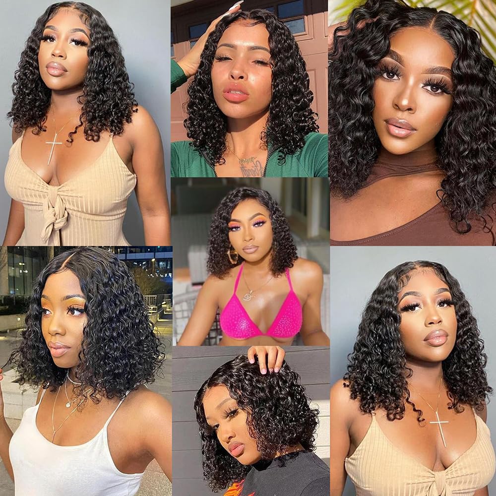Real Wear And Go Short Curly Wig Human Hair 180% Density Black Water Wave Bob Wigs Human Hair Glueless Pre-cut 4x4 Lace Closure Wig Brazilian Human Hair 10Inch