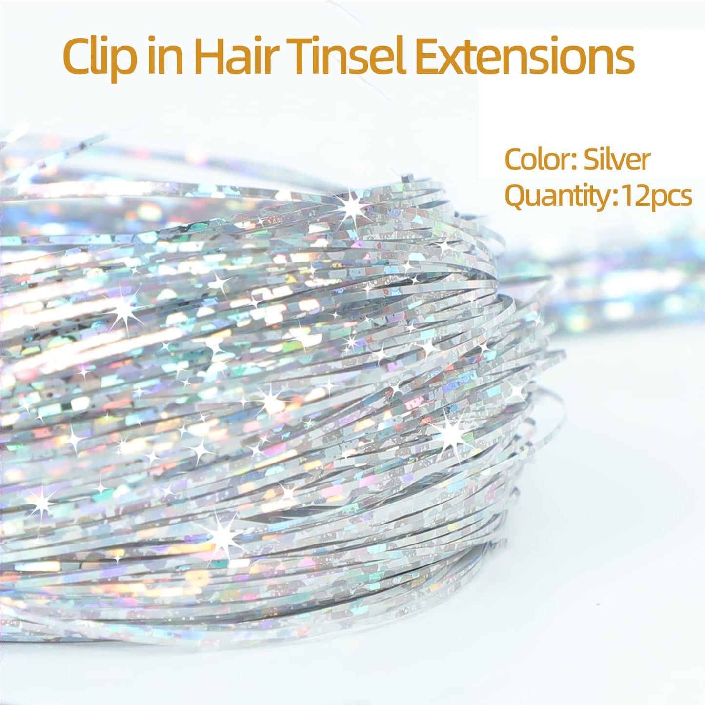 SOYZMYX 12PCS Tinsel Hair Extensions Glitter Hair Extension Clip in Gold Sparkling Fairy Hair Tinsel Kit Shiny Highlights Colorful Heat Resistant Hair Accessories for Girls New Year Party(Silver)