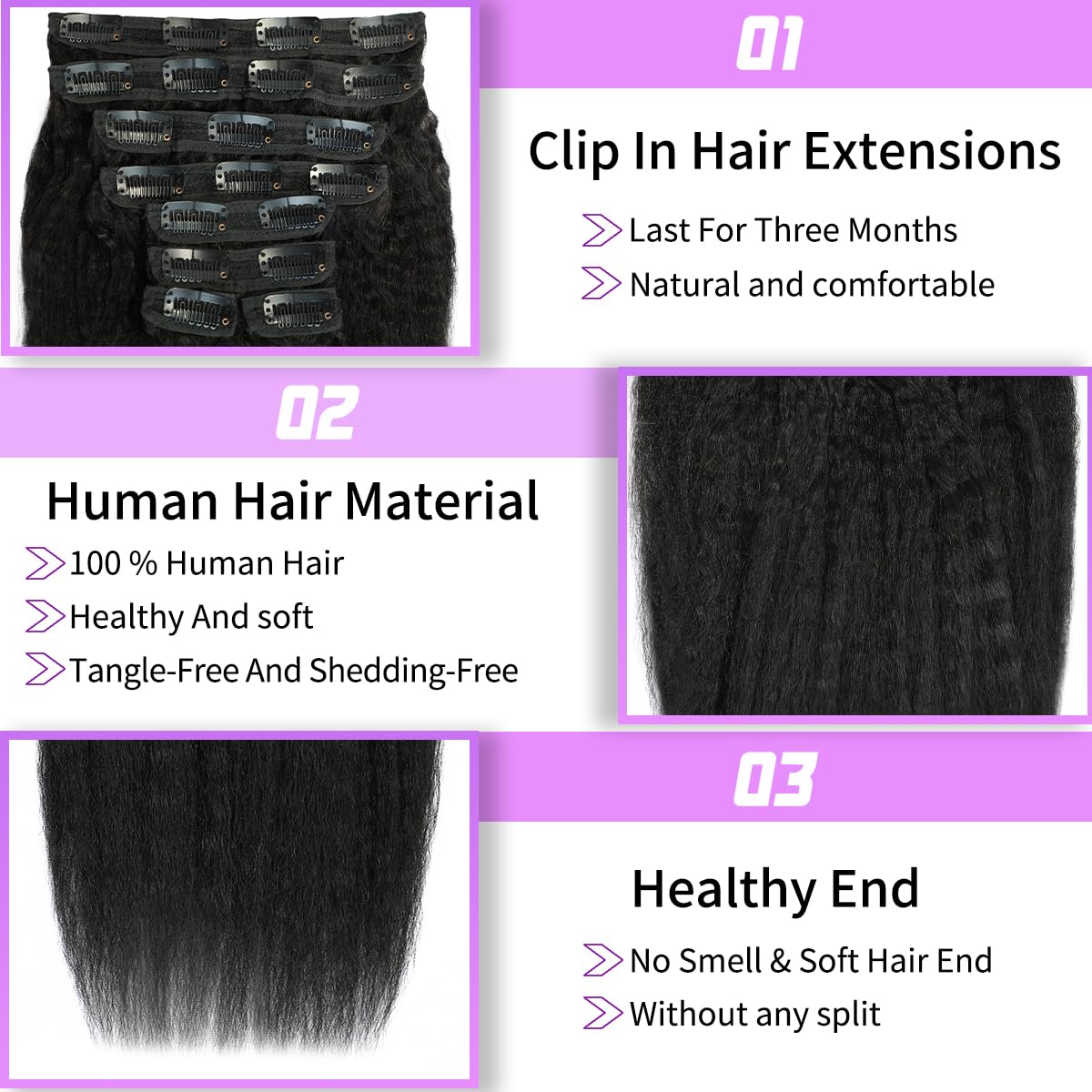 22 Inch Kinky Straight Clip in Hair Extensions Real Human Hair Yaki Straight Clip ins Seamless Remy Human Hair Clip in Extensions for Black Women Natural Black 8Pcs 100g 20 Clips