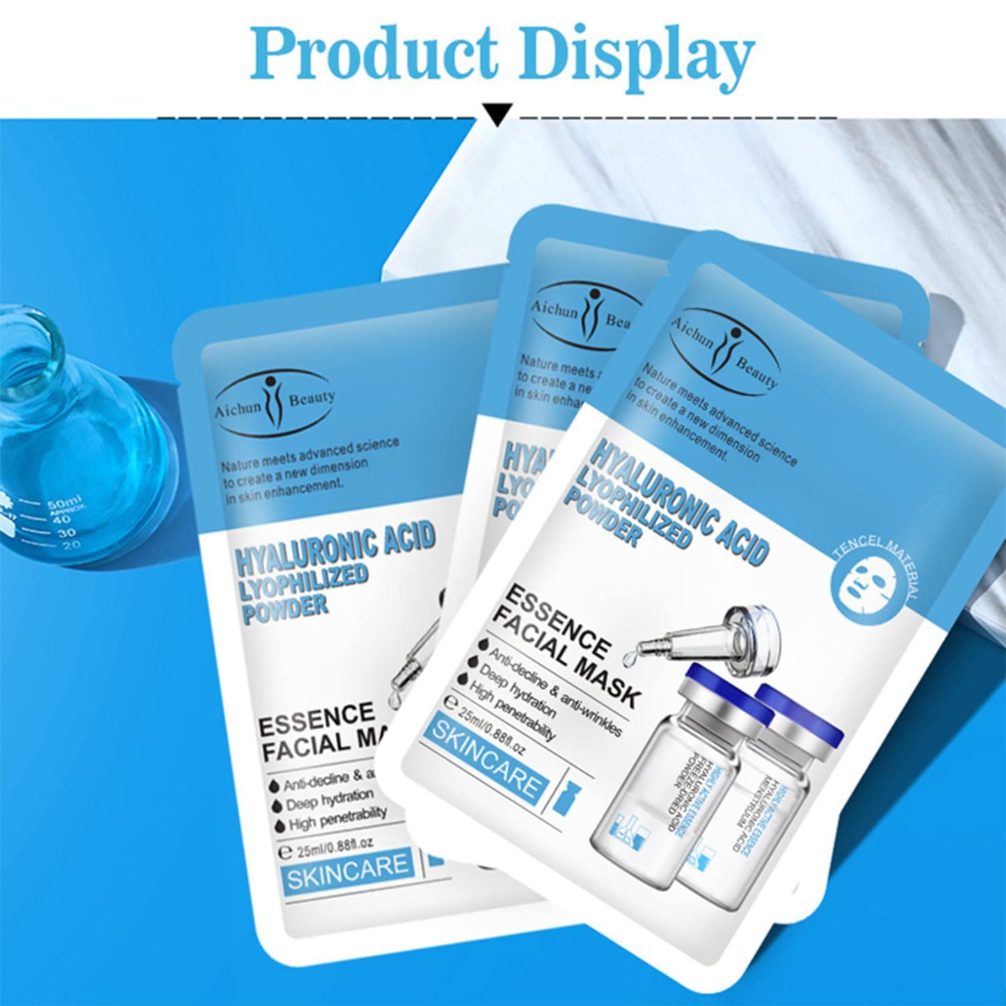 AICHUN BEAUTY Essence Facial Mask Tencel Material Anti-acne Anti-wrinkles Repair After Sun Moisturizing Deep Cleaning Contractive Pore 25ml/0.88fl.oz X 10pcs (HYALURONIC ACID LYOPHILIZED POWDER(10pcs))