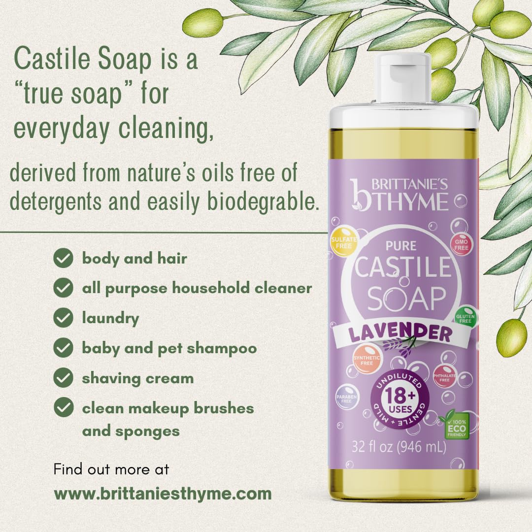 Brittanie's Thyme Pure Castile Liquid Soap Refill | For Hair & Body, Gentle and Pure, Made with Natural Luxurious Oils, Vegan & Gluten Free Non-GMO (Lavender, 32 oz (Pack of 2))