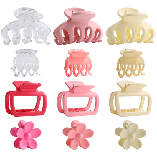 AUDTOPE 12 Pack Hair Clips for Women and Girls: 4 Styles - Medium Claw Clips, Flower, Rectangle, and Pink Accessories for All Hair Types
