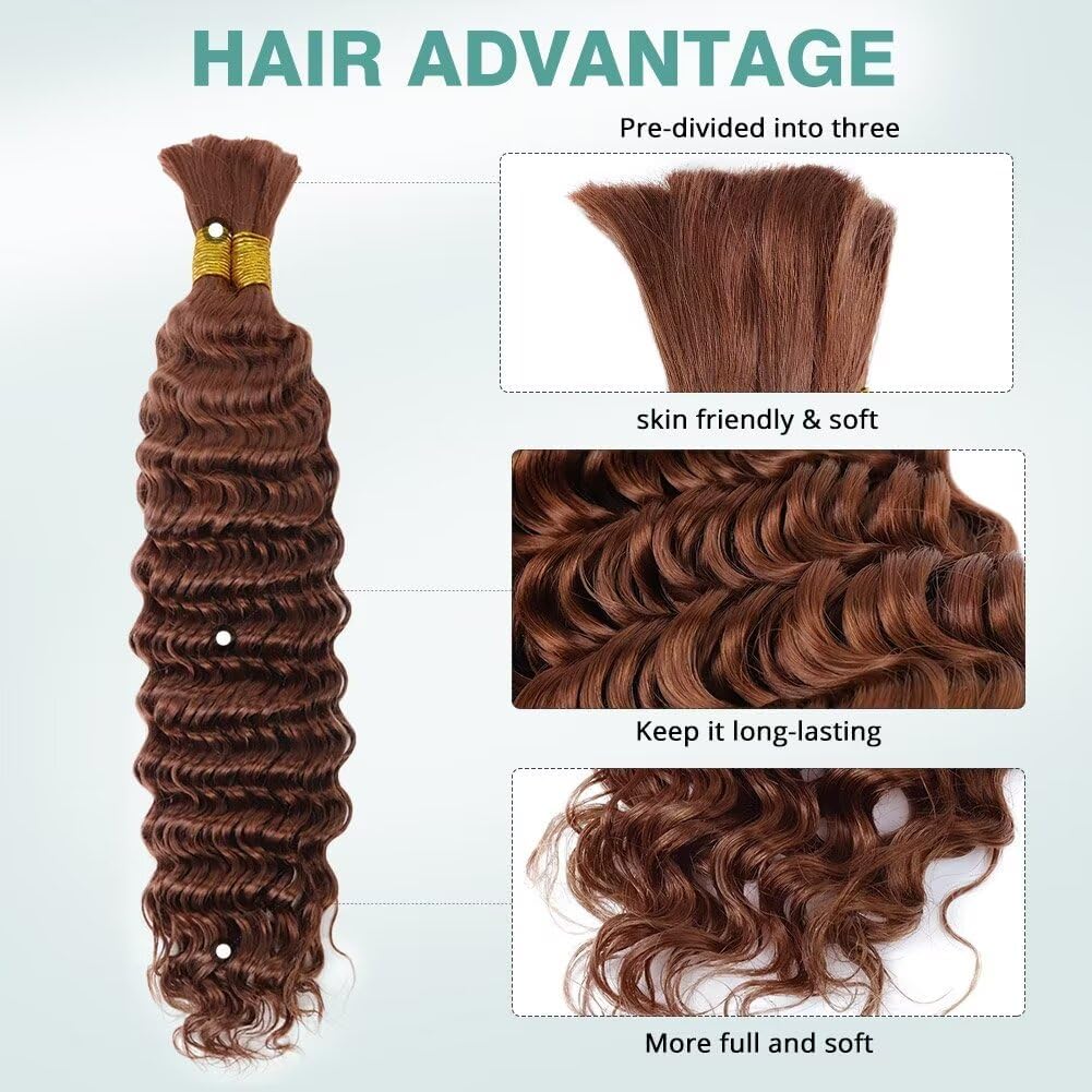 24 Inch 100g Deep Wave Human Braiding Hair 2 Bundles/Pack Color 30# Deep Curly Bulk Human Braiding Hair for Boho Braids No Weft 100% Brazilian Human Brown Braiding Hair Extensions for Micro Braids