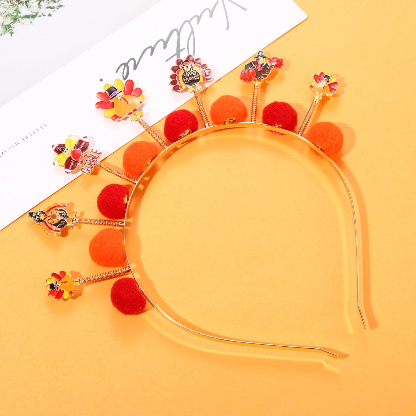 NVENF Thanksgiving Headband Autumn Fall Hairbands for Women Rhinestone Letter ‘GIVE THANKS’ ‘HAPPY FALL’ Gold Hair Hoop Thanksgiving Party Favors Hair Accessory Gifts (Pom Pom)