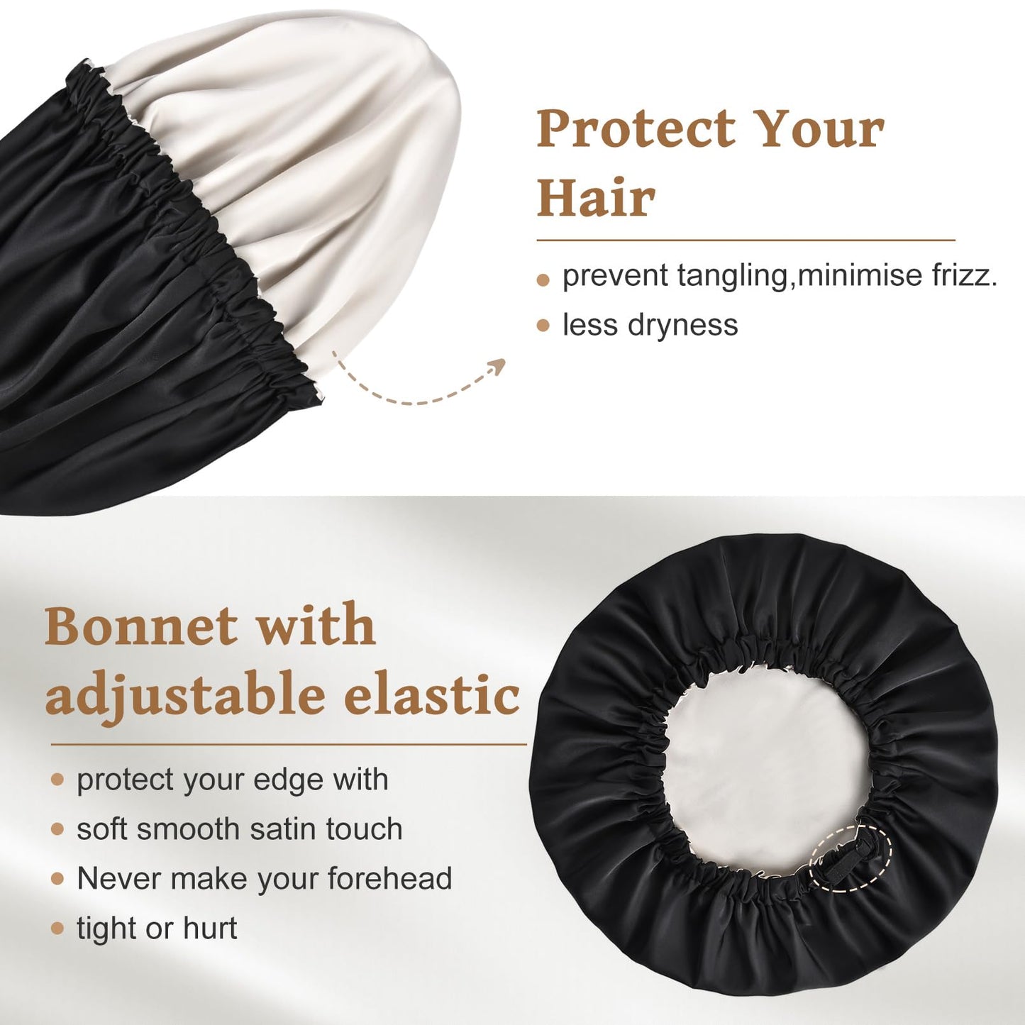 Silk Bonnet for Men Sleeping Satin Bonnet Hair Bonnets Double Layer Ajustable Bonnet Curly Braids Hair for Black Men and Women Sleep Cap (Black/Champagne)
