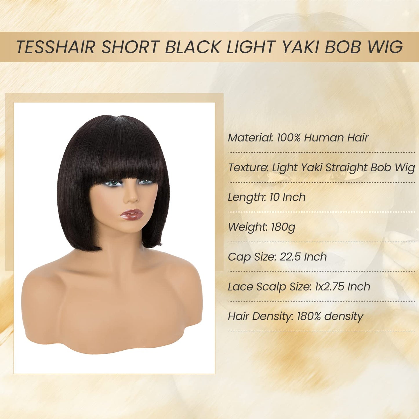 TESSHAIR 10 Inch Light YAKI Short Bob Wig Human Hair with Bangs, Black Blunt Cut Bob Wig Straight Glueless Headband Wigs for Women, Realistic Large Lace Scalp 180% Density 100% Human Hair