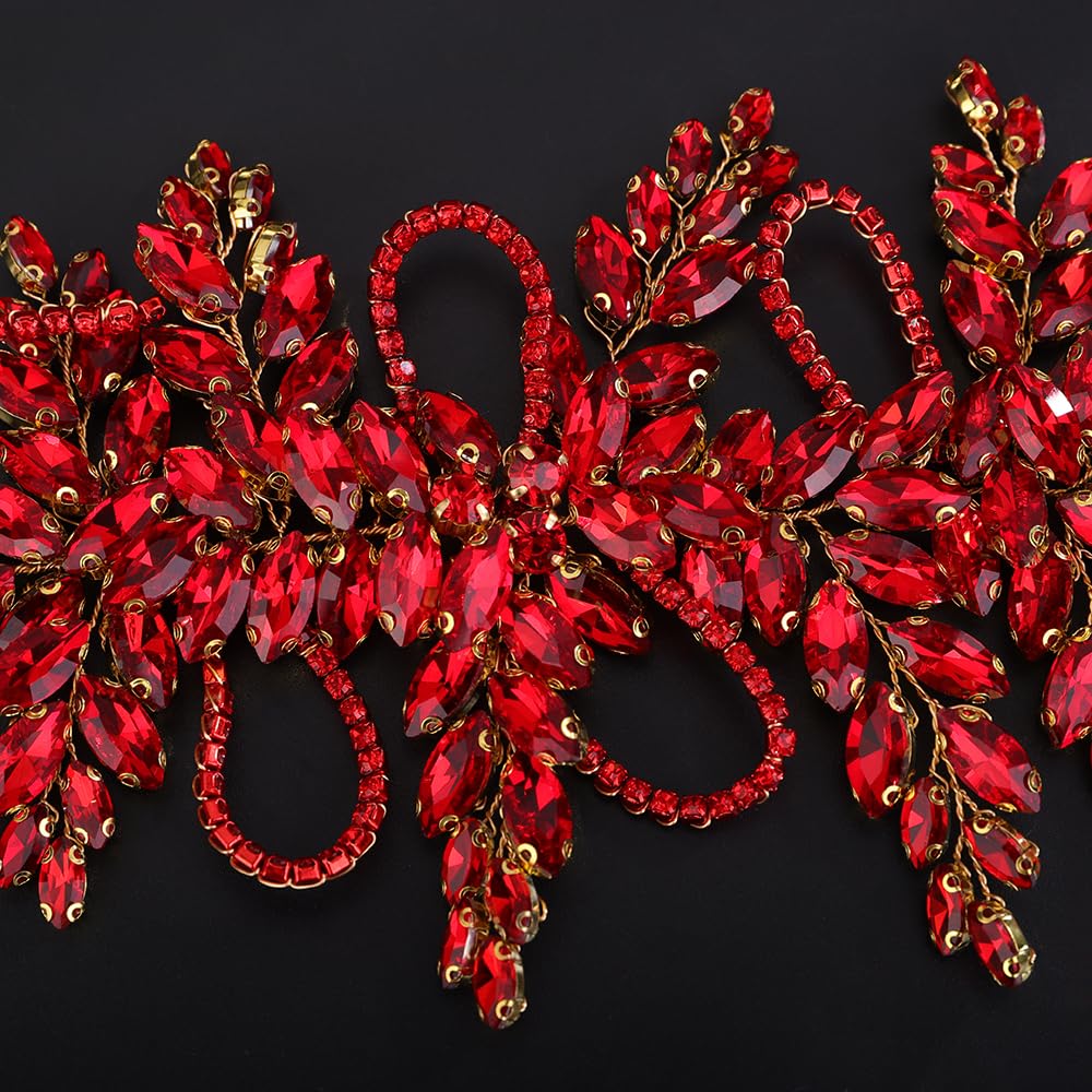 Teyglen Bridal Red Crystal Hair Vine Full Rhinestone Wedding Headband Hair Accessories for Bride Large Crystal Headband Headpiece for Women Girls (Red)