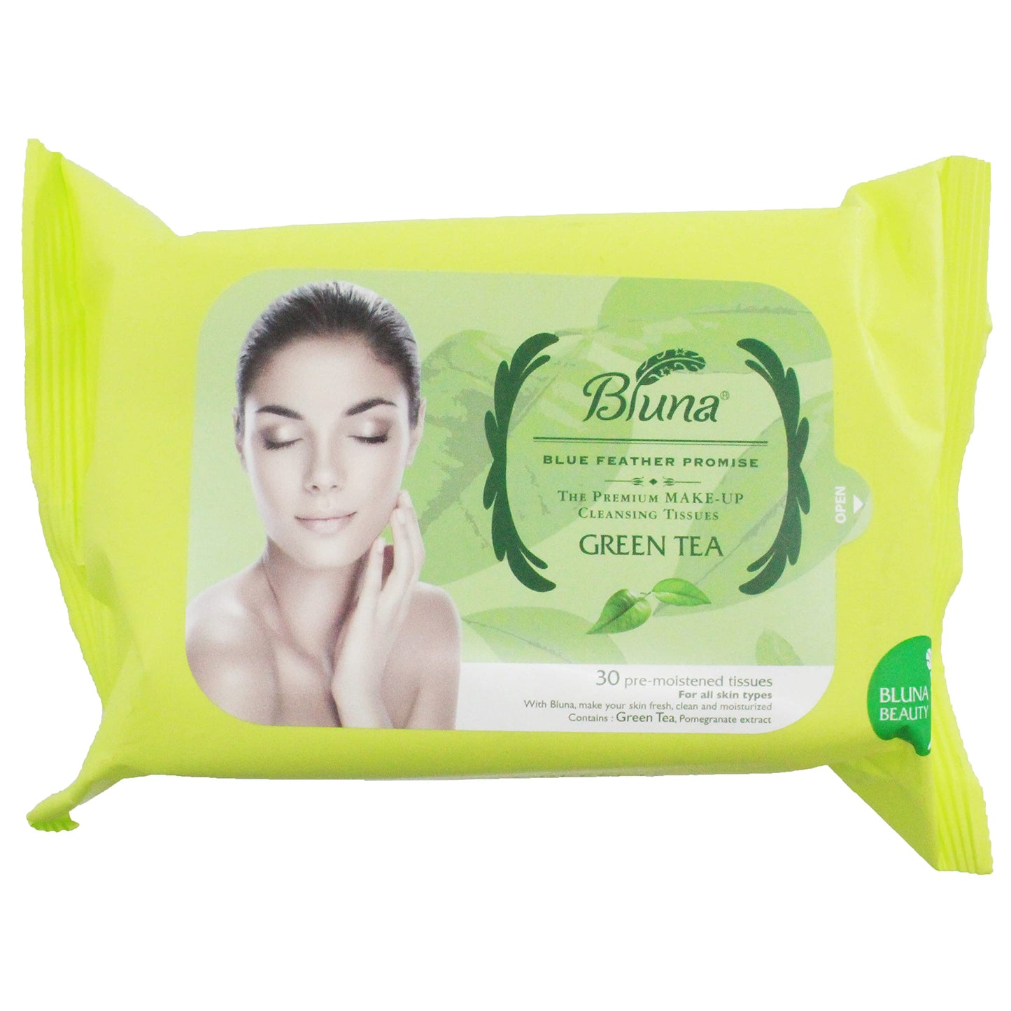 Bluna Facial Make-Up Cleansing Tissue for All Skin Types, Green Tea, 30ct per pack (6 PACK)