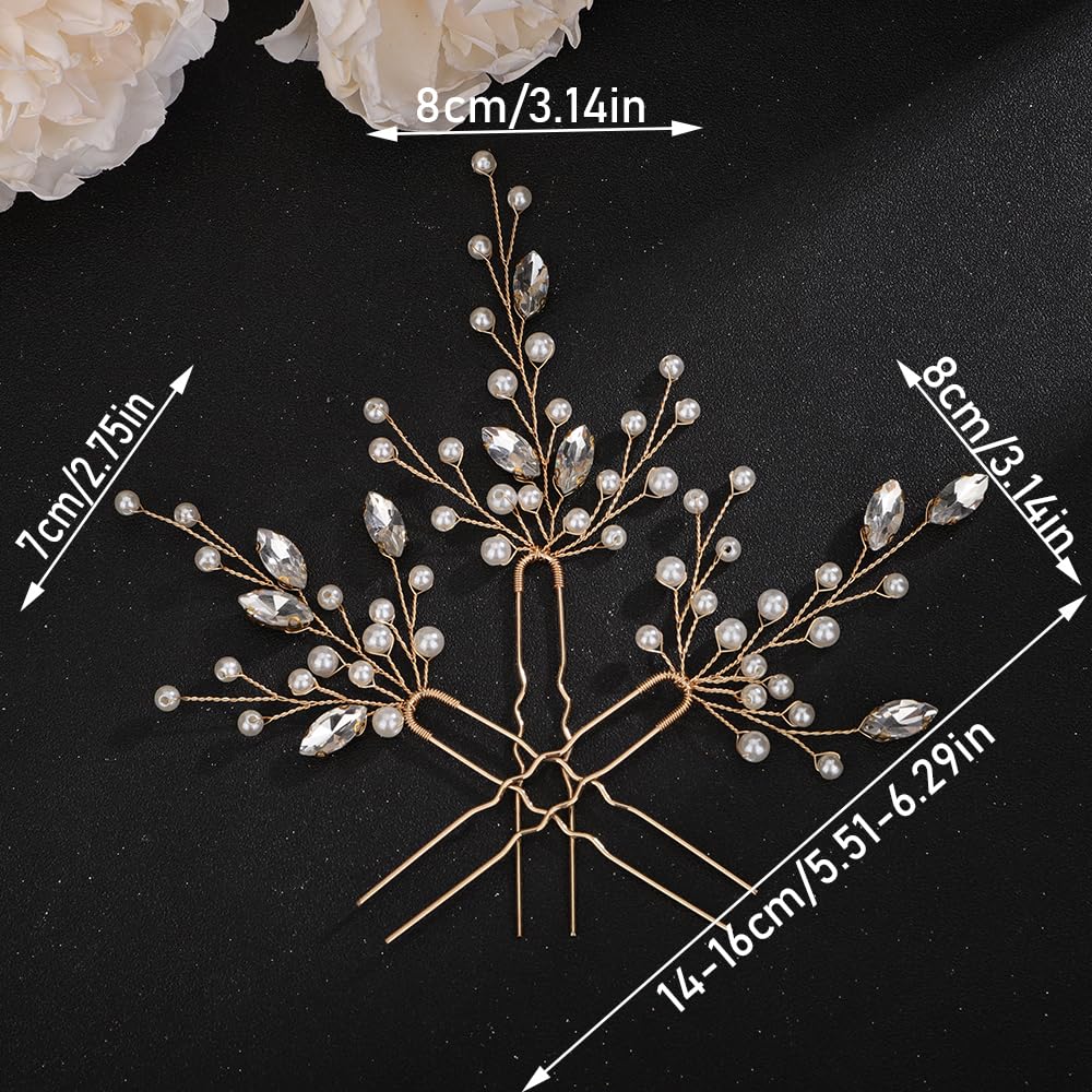 Teyglen 3pcs Crystal Pearl Bridal Hair Pins Pearl Bride Wedding Hair Pins Set for Bride Wedding Hair Accessories Handmade Red Black Champagne Pearl Hair Pieces for Women Bridesmaid Girls (Champagne)