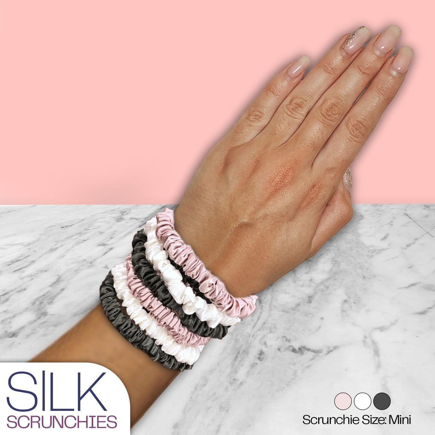 Celestial Silk Mini Scrunchies Small Mulberry Silk Scrunchy Hair Ties 22 Momme Skinny Silk Ponytail Holder, Gentle on Hair, Less Pulling, Breakage - 6 Pack (Charcoal, Pink, Ivory)