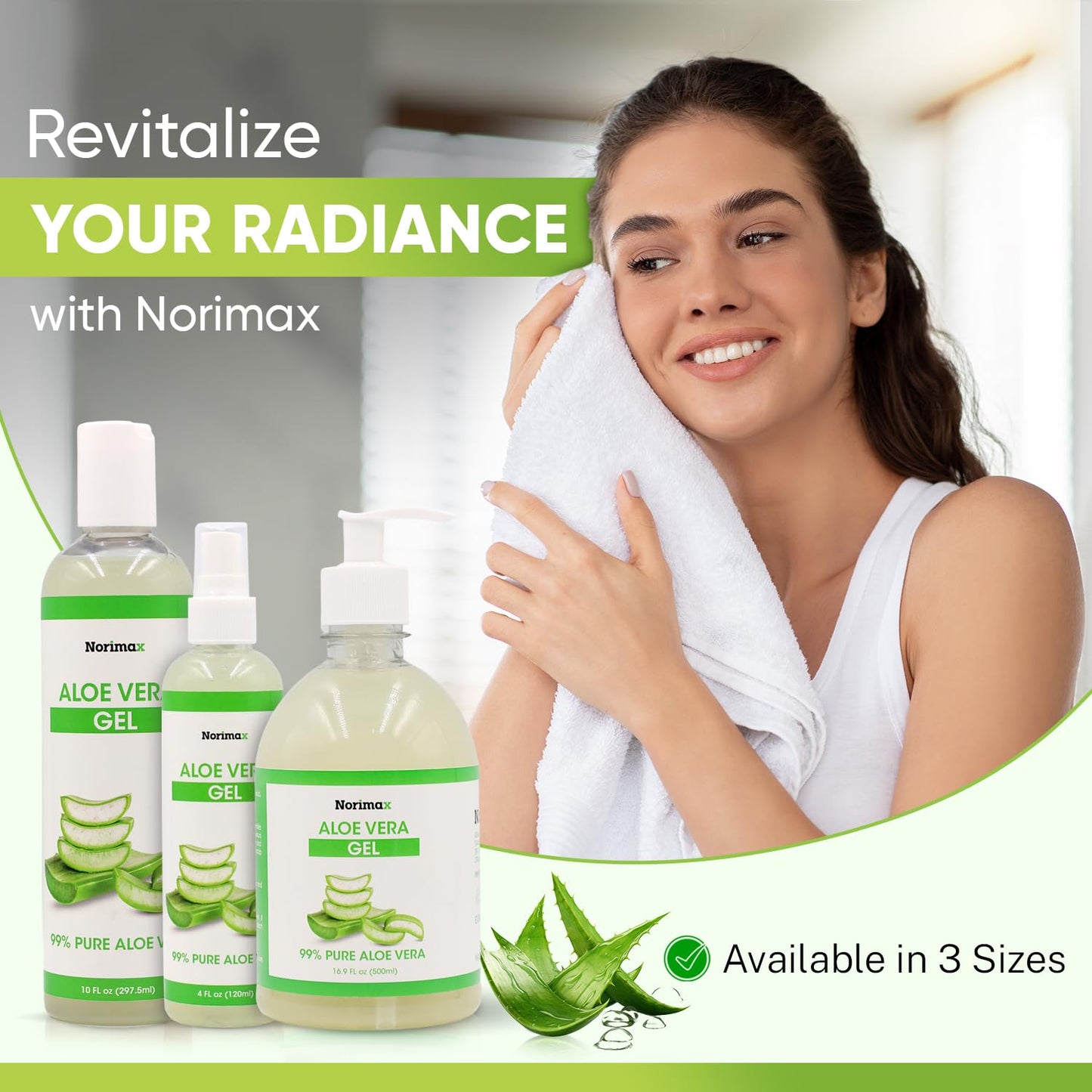 Norimax Natural Aloe Vera Gel for Hair, Scalp, Face, Dry Skin, Sunburn, & Sensitive Skin - Cold Pressed, Vegan, Unscented - Soothing Aloe Face Moisturizer (10 oz.)