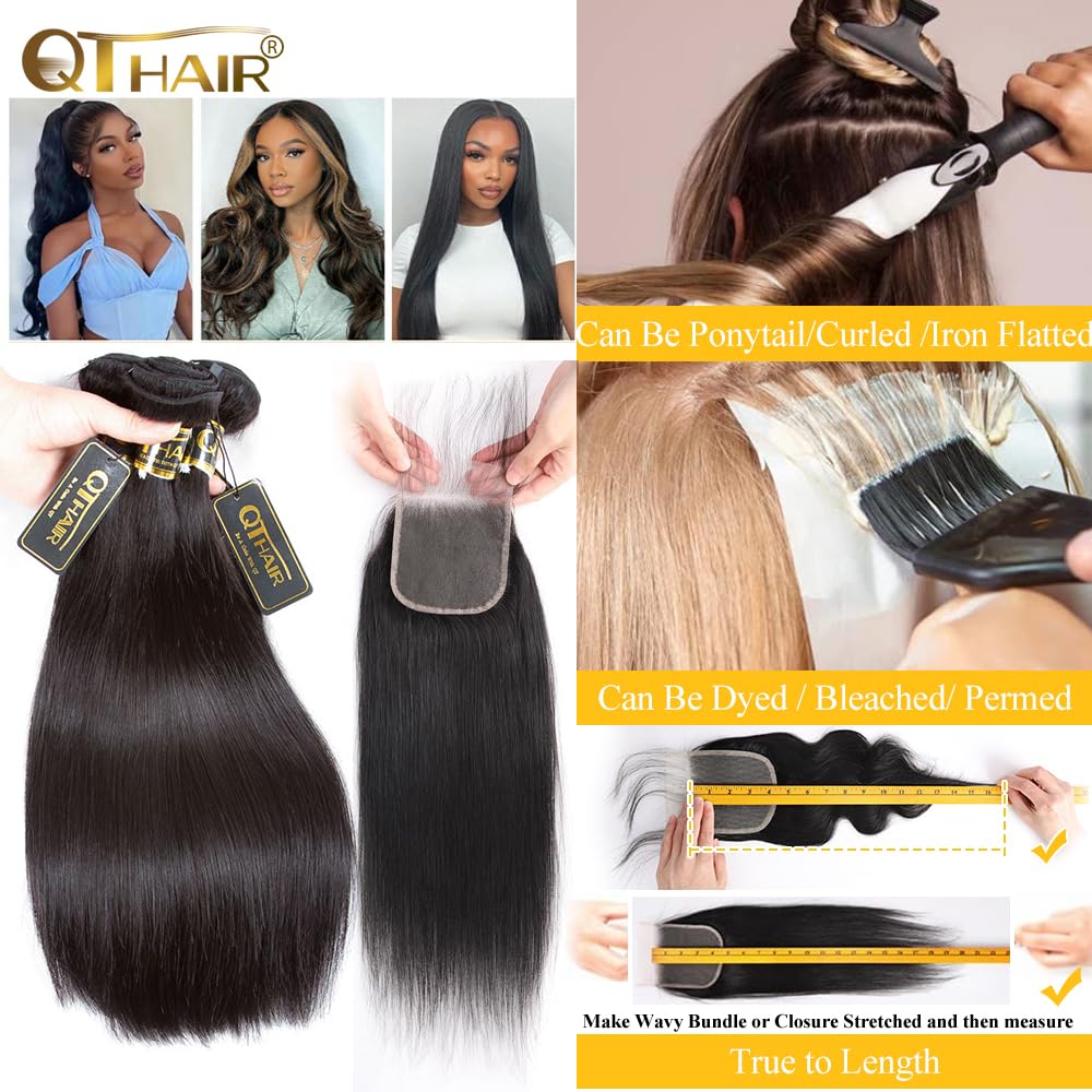 QTHAIR 14A Brazilian Straight Hair 3 Bundles with Transparent HD Lace Closure(12" 14" 14" with 10") Brazilian Straight Virgin Hair Weave 100% Unprocessed Brazilian Hair Straight Human Hair Weave