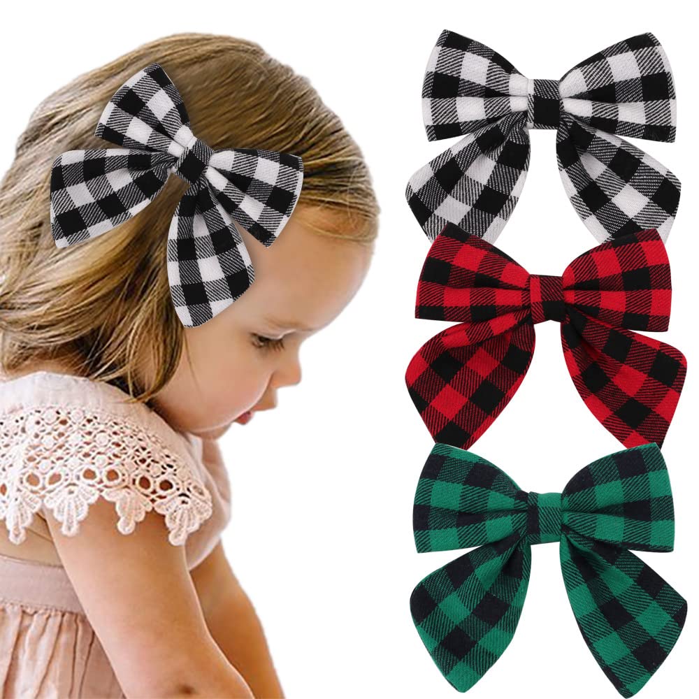 Plaid Hair Bow Clips Kids Girls Buffalo Plaid Hair Pin Checkered Plaid Hair Bow Pin BBG70 (3 PCs-Set)