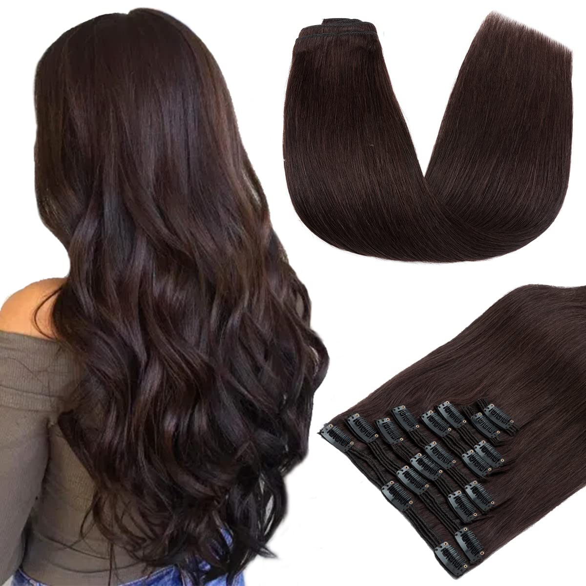 S-noilite Clip in Hair Extensions Real Human Hair Dark Brown Human Hair Extensions Clip Ins 18 Inch 8pcs 140g Straight Real Hair Extensions Clip in Human Hair Double Weft #2