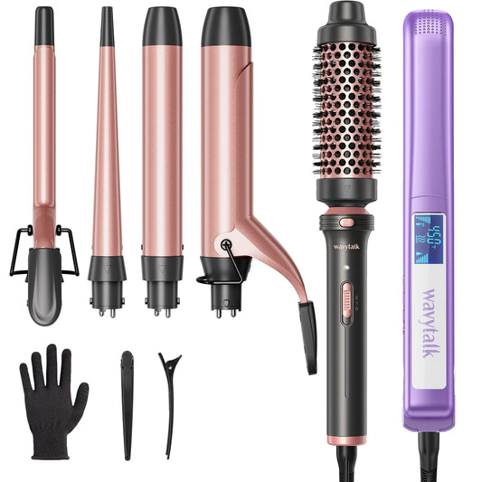 Wavytalk 5 in 1 Curling Iron Set + 1 Inch Negative Ion Flat Iron Hair Straightener (Purple)