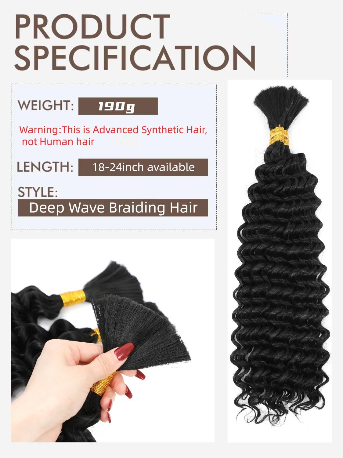 Braiding Hair Boho Hair for Braiding Deep Wave Braiding Hair for Woman Boho Braids Wet and Wave, Bulk Braiding Hair For Micro Braids Curly Deep Bulk 20 Inch Nature Black