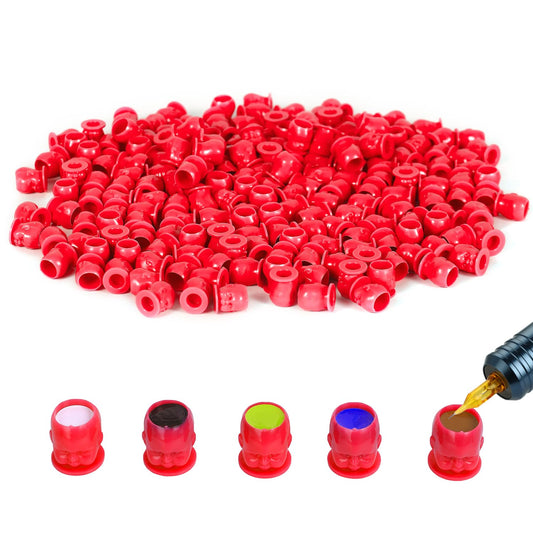Peslief 200PCS Tattoo Ink Caps Disposable Plastic Doll Tattoo Ink Cups with Base Pigment Caps Ink Cups for Tattooing Permanent Makeup Container for Tattoo Ink Tattoo Supplies - Red