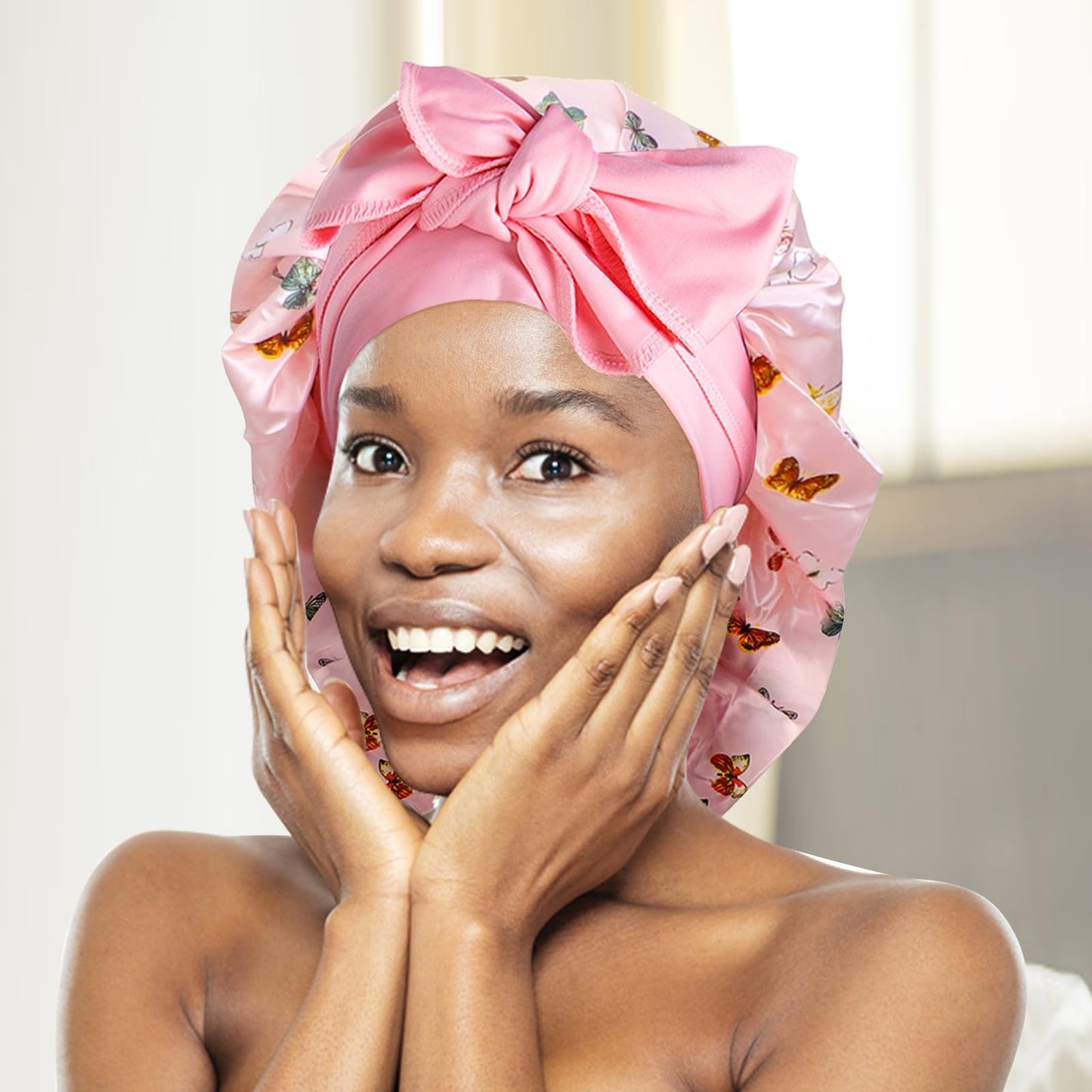 Arqumi Pack of 2 Satin Sleeping Bonnet, Large Satin Sleep Bonnet, Long Strap, Adjustable Sleep Cap Hair Bonnet with Butterfly Pattern, Black+Pink