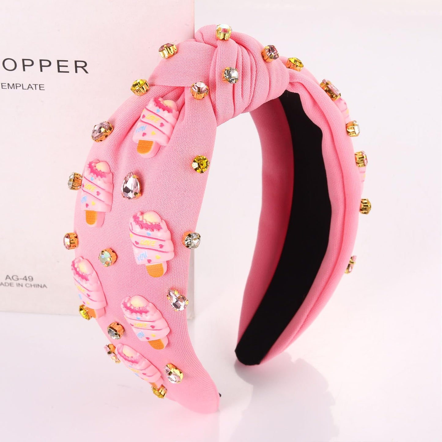 ZOLEAROPY Summer Ice Cream Knotted Headband Sparkle Rhinestone Jeweled Pink Wide Headband Cute Icecream Top Knot Headband Candy Birthday Party Headband