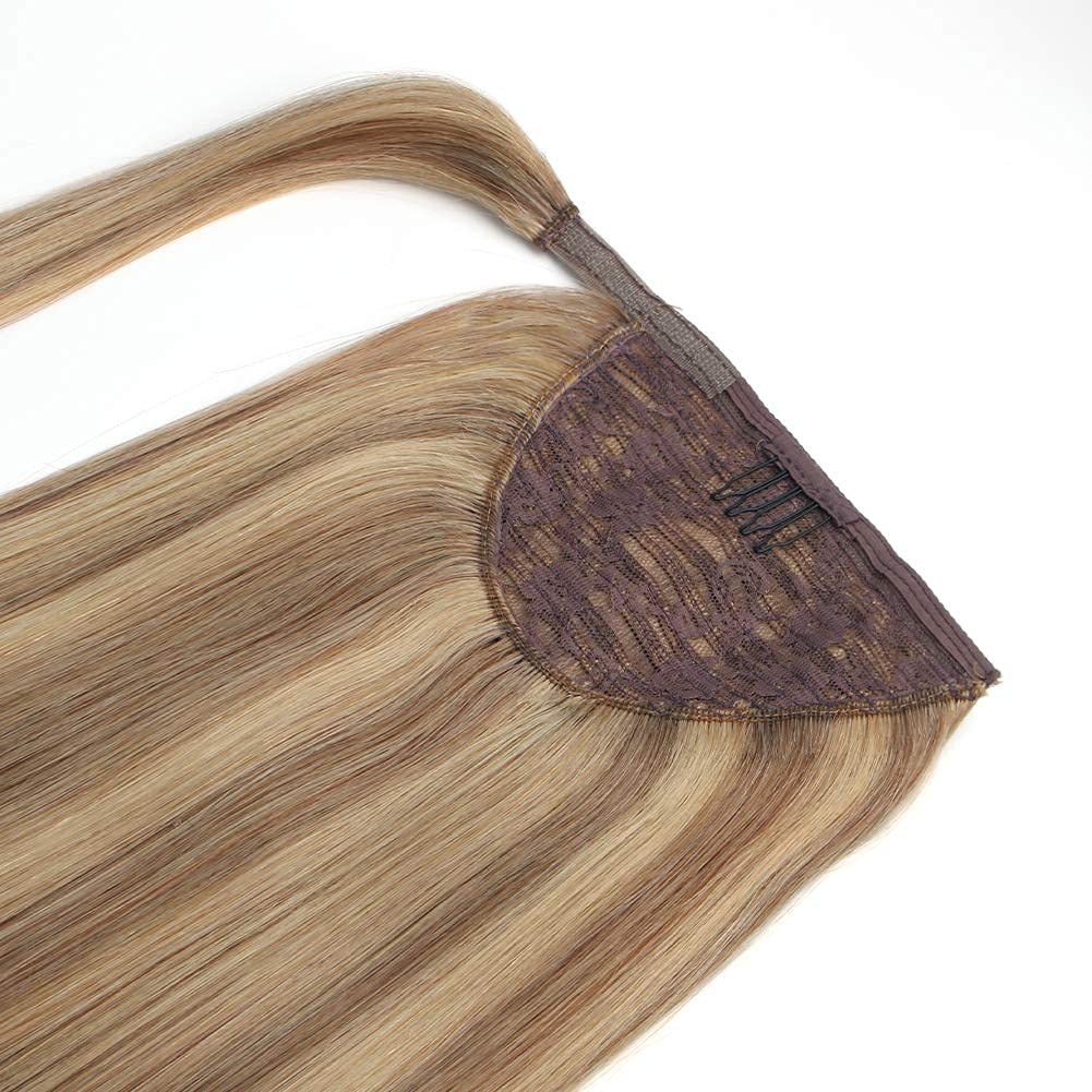 ABH AMAZINGBEAUTY HAIR High Ponytail Extension for Women, Remy Human Hair, Wrap in Easy to Use, Chestnut Brown with Dirty Blonde Highlights P6-12 Color, 80 Gram,16 Inch