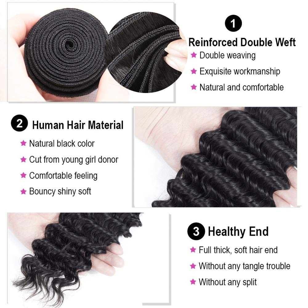 Beauhair Brazilian Hair Deep Wave 3 Bundles with Lace Closure Free Part Virgin Hair Unprocessed Natural Color Deep Wave Bundles with Closure (16 18 20+14, Natural Color)