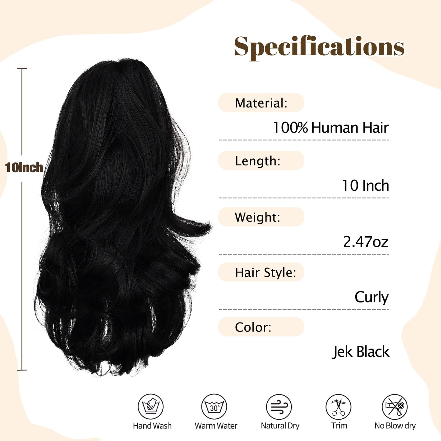 RICH BRIA Ponytail Extensions Real Human Hair Claw Clip in Pony Tails for Women Curly Ponytails Hair Extension 10 inch Jet Black 2.47oz